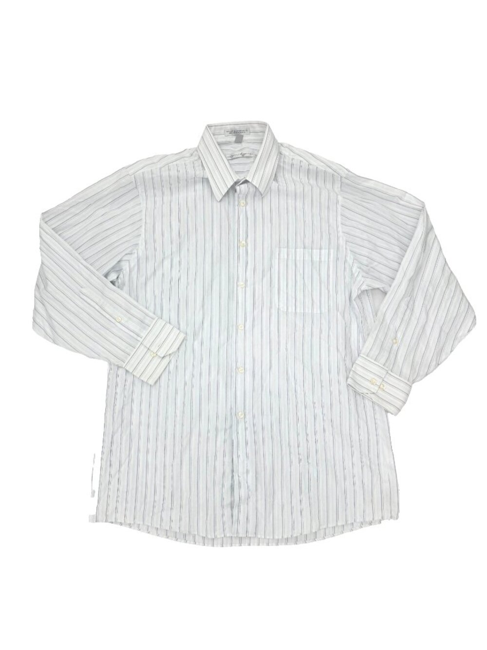 Geoffrey Beene Dress Button Shirt Mens Large 16 32/33 White Blue Pocket Striped